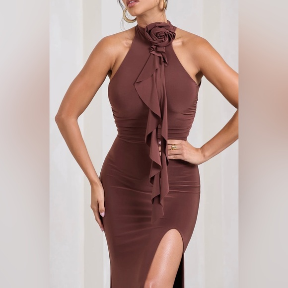 Club L London Chocolate Brown Ruched halter-neck split maxi dress w/ flower - Picture 4 of 5